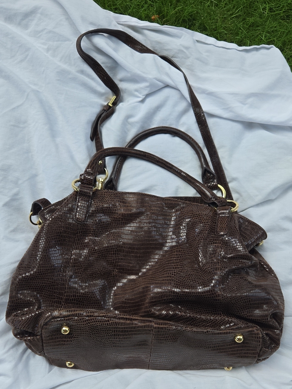 G.I.L.I. Dark Brown Textured Shoulder Tote with Gold Hardware